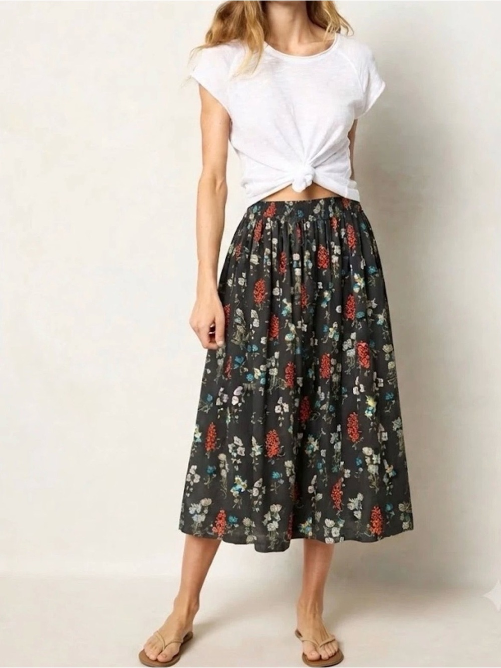 NATURAL LIFE Charcoal Floral Midi Skirt Sz S Cottage Boho Dark Romantic Fairy
